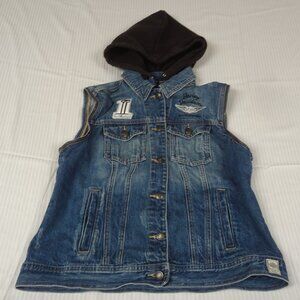 HARLEY-DAVIDSON DENIM VEST WITH SNAP OFF HOOD (NO ZIP OFF SLEEVES) W MEDIUM L481